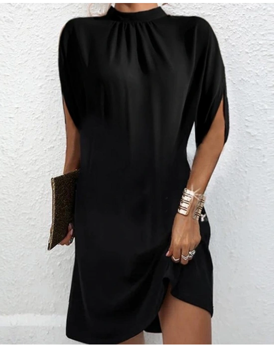 Kadın Ters Kol Detaylı Yarım Boğazlı Viskon Kumaş Mini Boy Elbise