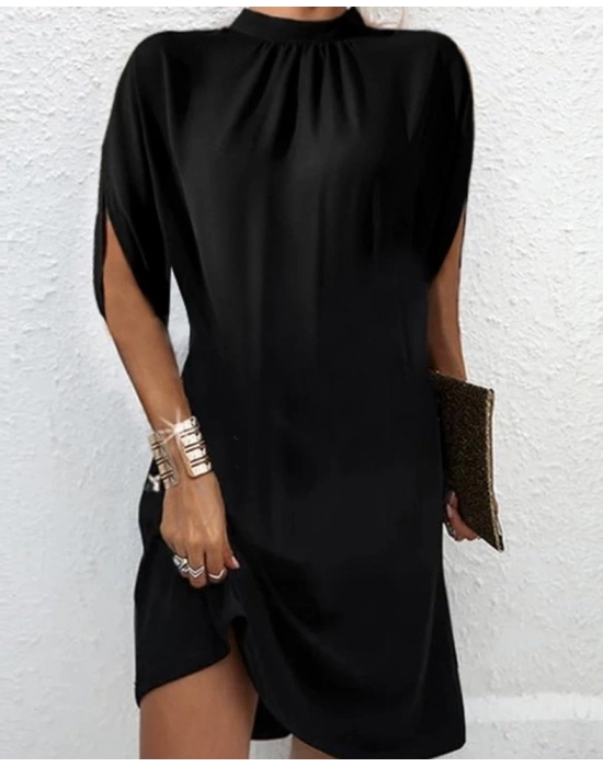 Kadın Ters Kol Detaylı Yarım Boğazlı Viskon Kumaş Mini Boy Elbise