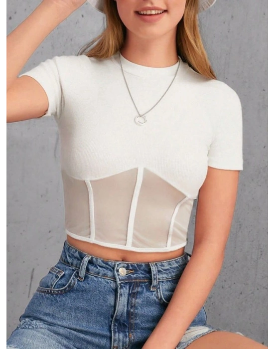 Kadın Transparan Detay Kısa Kol Kaşkorse Bluz