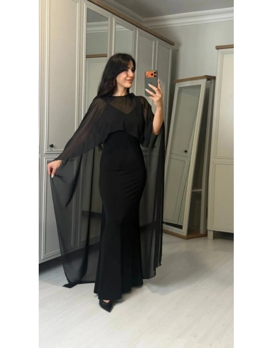 Kadın Transparan Pelerin Detay Askılı axi Boy Elbise