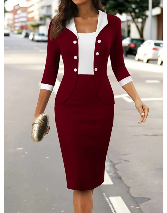 Kadın Truvakar Kol çift Renkli Düğmeli Kısa Ithal Krep Elbise