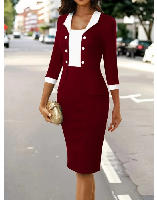 Kadın Truvakar Kol çift Renkli Düğmeli Kısa Ithal Krep Elbise