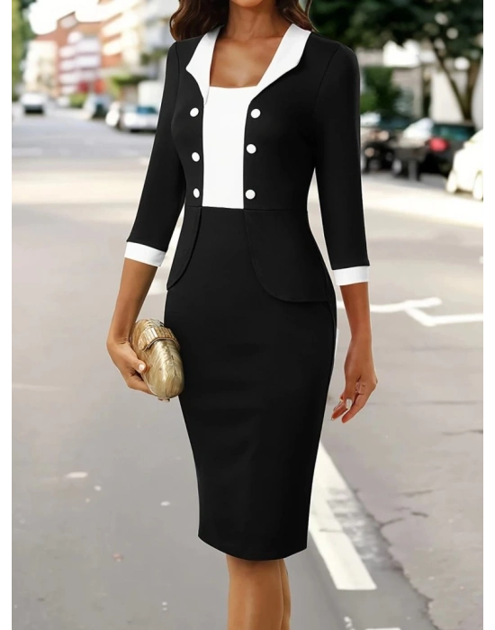 Kadın Truvakar Kol çift Renkli Düğmeli Kısa Ithal Krep Elbise