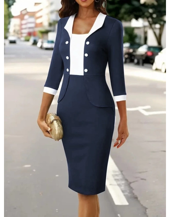 Kadın Truvakar Kol çift Renkli Düğmeli Kısa Ithal Krep Elbise