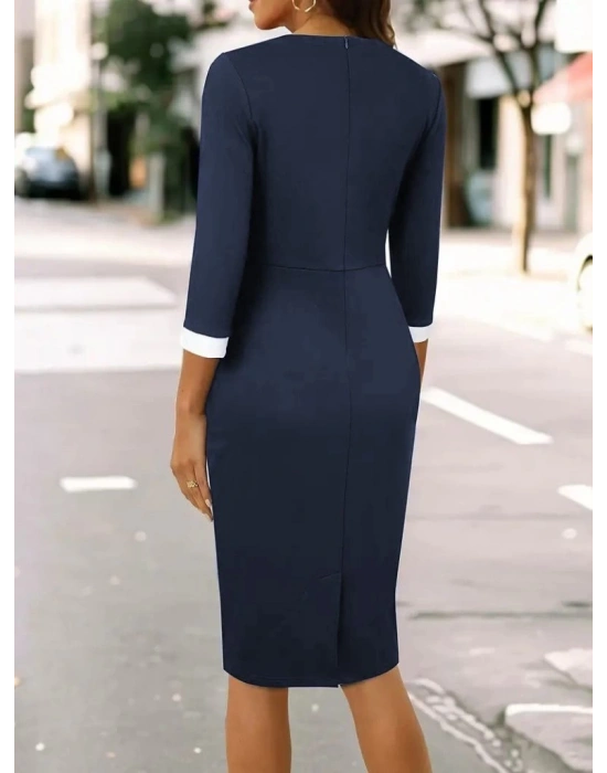 Kadın Truvakar Kol çift Renkli Düğmeli Kısa Ithal Krep Elbise