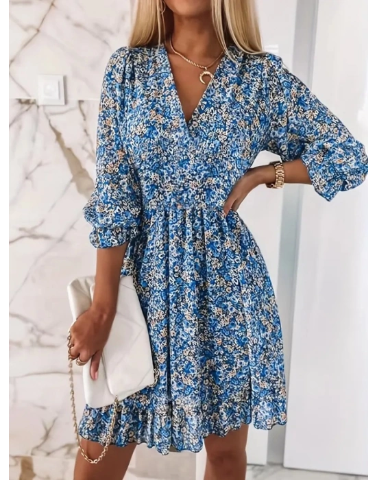 Kadın Truvakarkol Kruvaze Yakalı Beli Lastikli çiçek Desenli Süprem Elbise