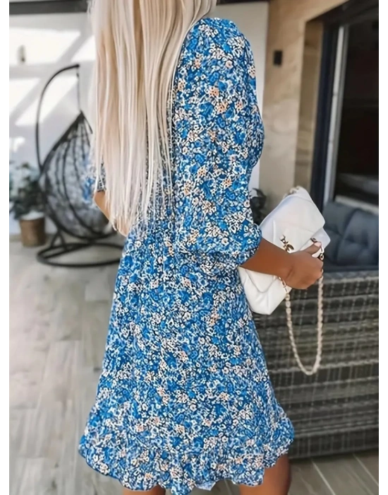 Kadın Truvakarkol Kruvaze Yakalı Beli Lastikli çiçek Desenli Süprem Elbise