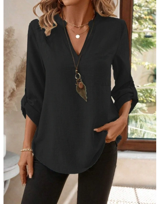 Kadın Truvakar Kol V Yakalı Keten Bluz