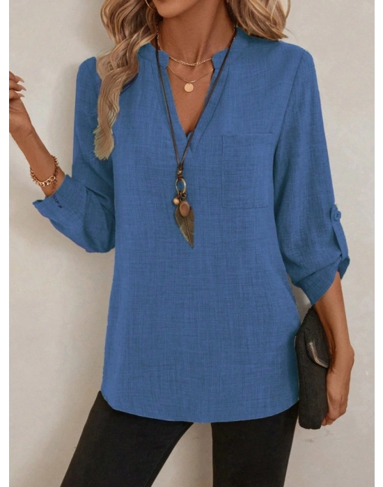 Kadın Truvakar Kol V Yakalı Keten Bluz