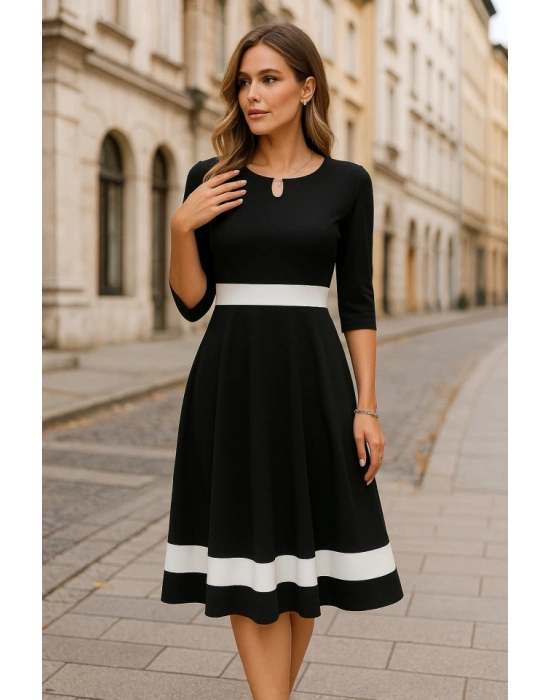Kadın Truvakar Kol Yakası Açık Blok Renkli Krep Midi Elbise