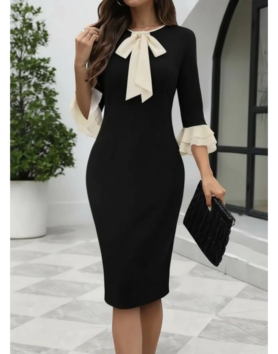 Kadın Truvakar Kollu Fiyonk Yakalı Midi Ithal Krep Elbise