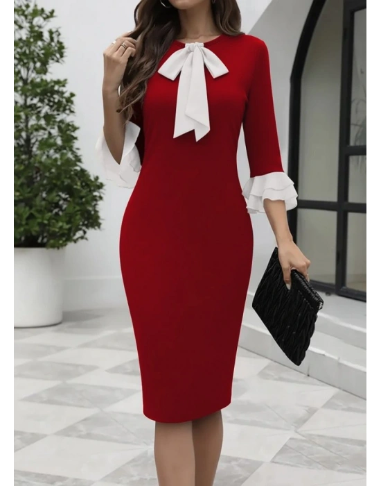 Kadın Truvakar Kollu Fiyonk Yakalı Midi Ithal Krep Elbise