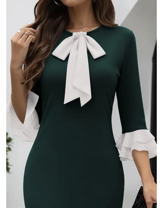 Kadın Truvakar Kollu Fiyonk Yakalı Midi Ithal Krep Elbise