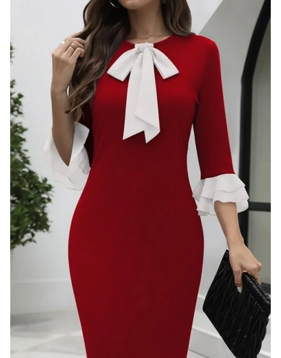 Kadın Truvakar Kollu Fiyonk Yakalı Midi Ithal Krep Elbise