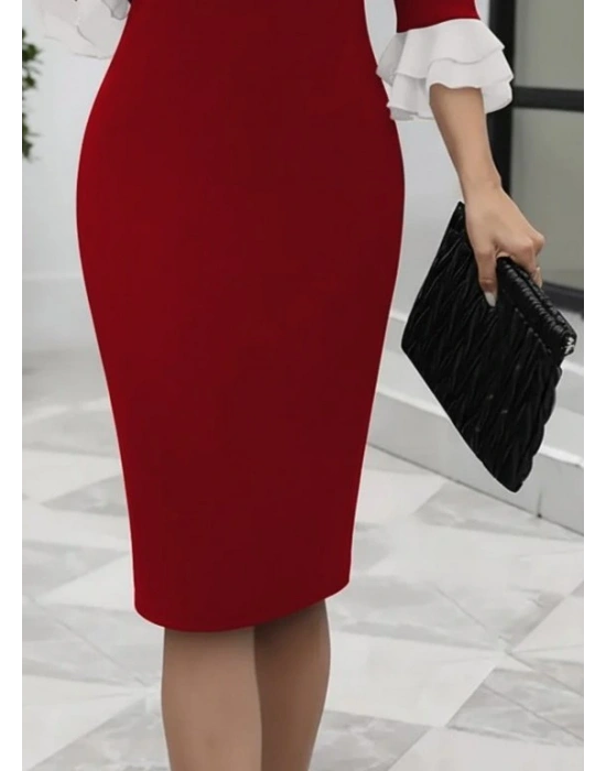 Kadın Truvakar Kollu Fiyonk Yakalı Midi Ithal Krep Elbise