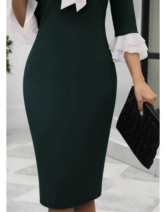 Kadın Truvakar Kollu Fiyonk Yakalı Midi Ithal Krep Elbise