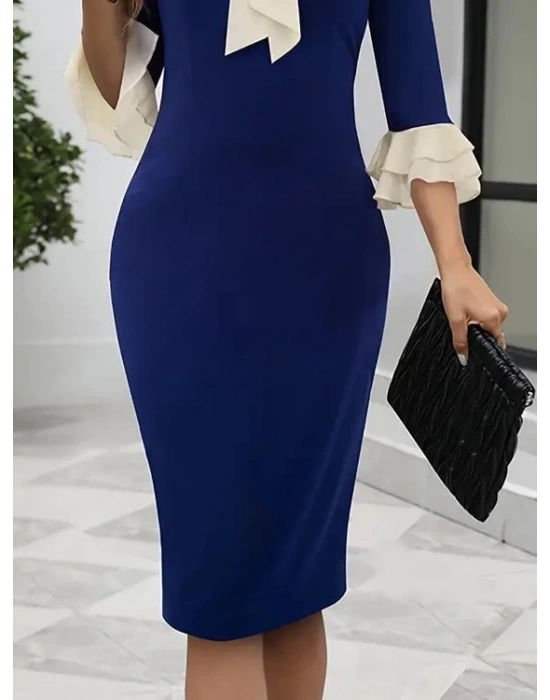 Kadın Truvakar Kollu Fiyonk Yakalı Midi Ithal Krep Elbise