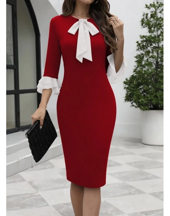 Kadın Truvakar Kollu Fiyonk Yakalı Midi Ithal Krep Elbise