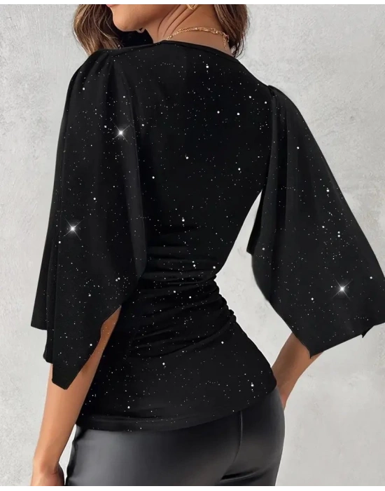 Kadın Truvakar Kollu Kruvaze Yakalı Simli Sandy Bluz