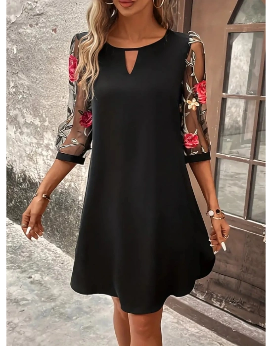 Kadın Truvakarkol çiçek Desenli Tül Kol Bisiklet Yaka çiçek Desen Sandy Salaş Kısa Elbise