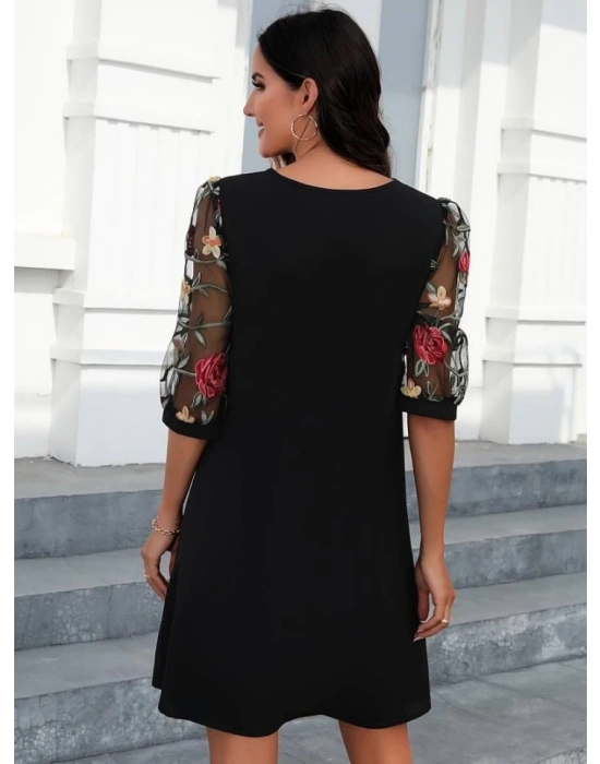 Kadın Truvakarkol çiçek Desenli Tül Kol Bisiklet Yaka çiçek Desen Sandy Salaş Kısa Elbise