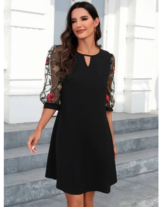 Kadın Truvakarkol çiçek Desenli Tül Kol Bisiklet Yaka çiçek Desen Sandy Salaş Kısa Elbise
