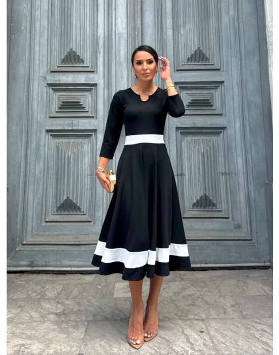 Kadın Truvakarkol Yakası Açık Blok Renkli Krep Midi Elbise