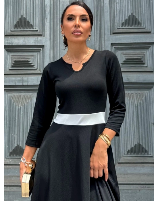 Kadın Truvakarkol Yakası Açık Blok Renkli Krep Midi Elbise