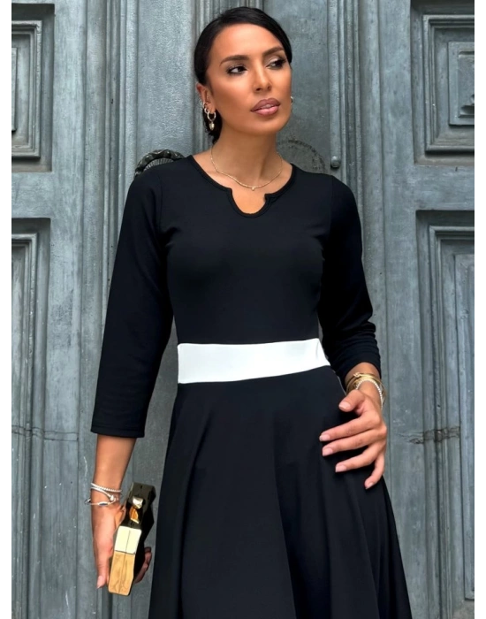 Kadın Truvakarkol Yakası Açık Blok Renkli Krep Midi Elbise