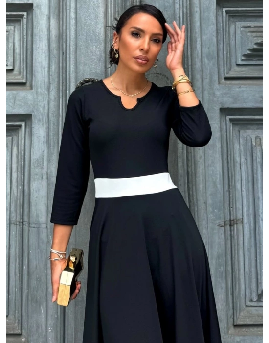 Kadın Truvakarkol Yakası Açık Blok Renkli Krep Midi Elbise