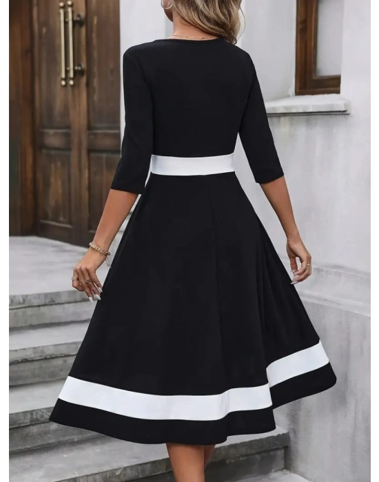 Kadın Truvakarkol Yakası Açık Blok Renkli Krep Midi Elbise