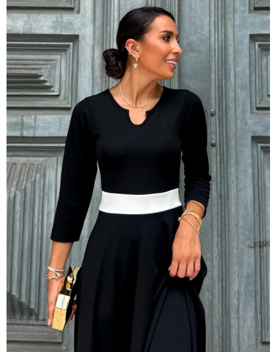 Kadın Truvakarkol Yakası Açık Blok Renkli Krep Midi Elbise