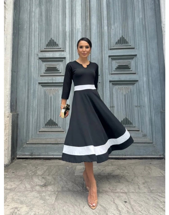 Kadın Truvakarkol Yakası Açık Blok Renkli Krep Midi Elbise