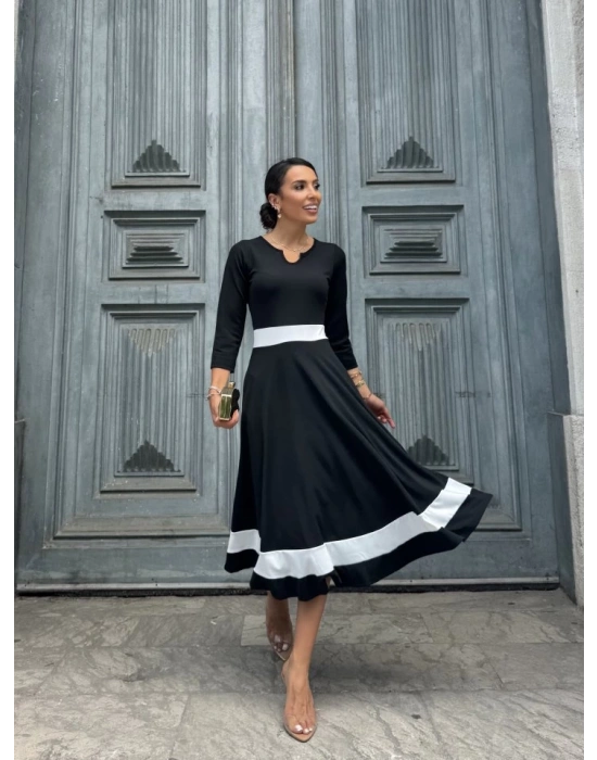 Kadın Truvakarkol Yakası Açık Blok Renkli Krep Midi Elbise