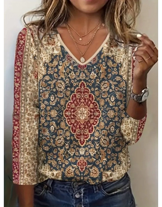 Kadın Truvakarkollu V Yakalı Etnik Desenli Süprem Bluz