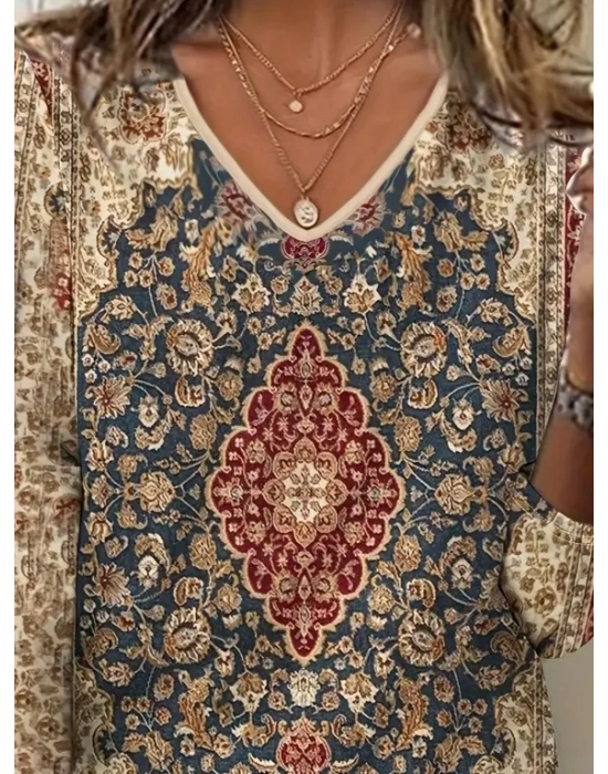 Kadın Truvakarkollu V Yakalı Etnik Desenli Süprem Bluz