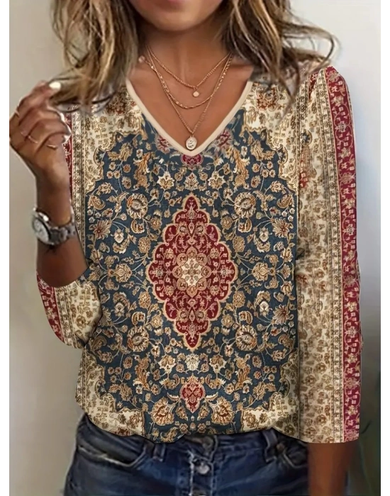 Kadın Truvakarkollu V Yakalı Etnik Desenli Süprem Bluz