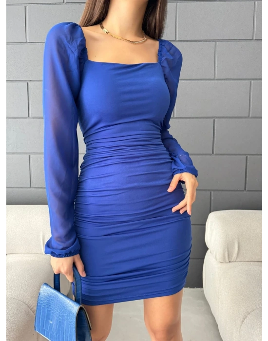 Kadın Tül Detaylı Balon Kol U Yaka Dizüstü Elbise