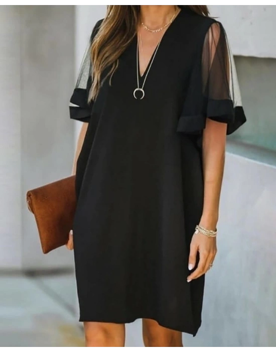 Kadın Tüllü Kısa Kollu V Yaka Krep Elbise