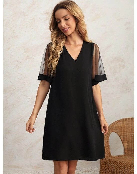 Kadın Tüllü Kısa Kollu V Yaka Krep Elbise