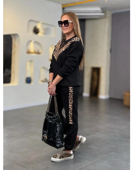 Kadın üç Iplik Kumaş Leopar Desenli Dantel Detaylı Ikili Takım