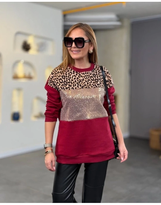 Kadın üç Iplik şardonlu Kumaş Leopar Desenli Bluz