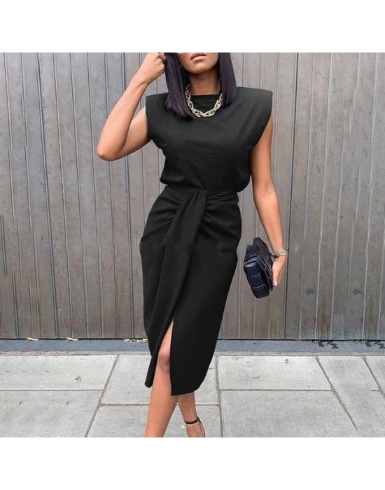 Kadın üst Vatkalı Kolsuz, Alt Büzgülü Yırtmaçlı Arkası Fermuarlı Krep Etek Bluz Takim