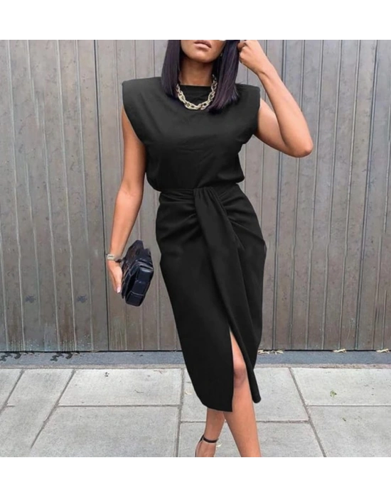 Kadın üst Vatkalı Kolsuz, Alt Büzgülü Yırtmaçlı Arkası Fermuarlı Krep Etek Bluz Takim