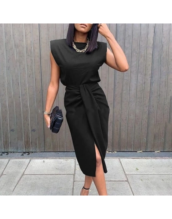 Kadın üst Vatkalı Kolsuz, Alt Büzgülü Yırtmaçlı Arkası Fermuarlı Krep Etek Bluz Takim