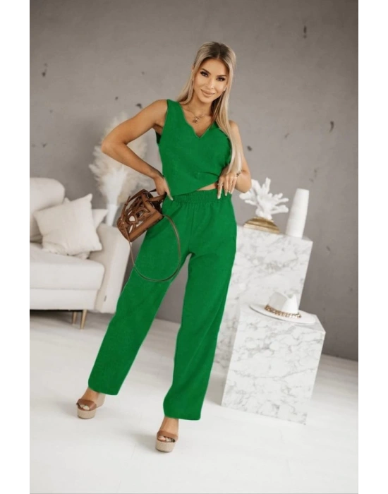 Kadın Üstü V Yaka Kolsuz Krop Alt Beli Lastikli Pantalon İki İplik Takım