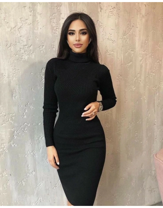 Kadın Uzun Balıkçı Yaka Midiboy Triko Elbise