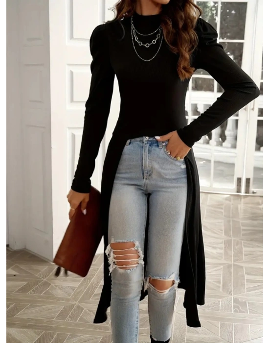 Kadın Uzun Balon Kollu Yarı Balıkçı Yaka önü Açık Kaşkorse Tunik