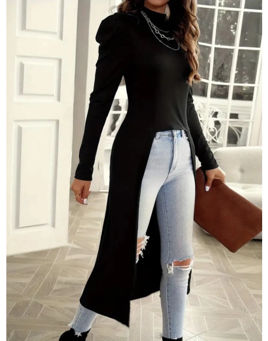 Kadın Uzun Balon Kollu Yarı Balıkçı Yaka önü Açık Kaşkorse Tunik