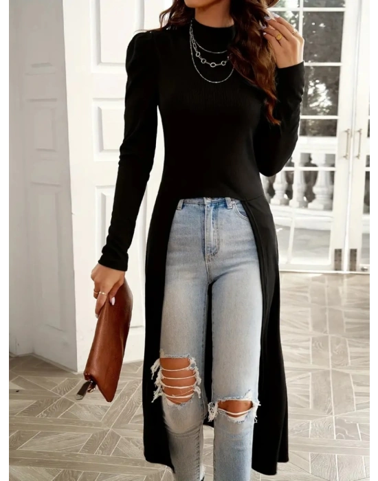 Kadın Uzun Balon Kollu Yarı Balıkçı Yaka önü Açık Kaşkorse Tunik